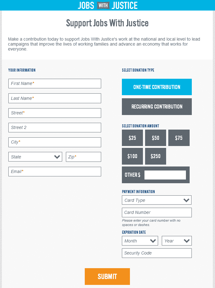 Screenshot of Jobs with Justice Donation Form