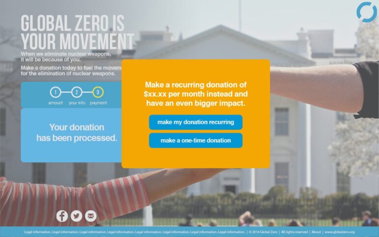 A bright yellow-orange and blue screenshot of a Global Zero recurring donation pop-up shows how one-time donors can be prompted to give monthly.