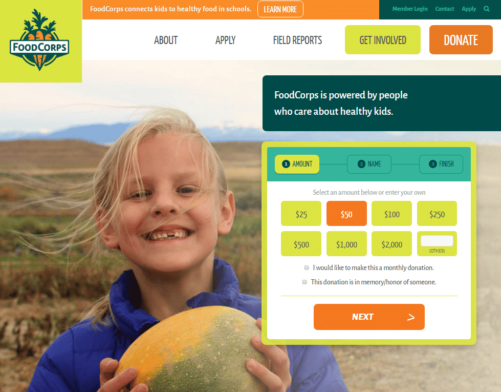 Screenshot of FoodCorps Donation Form