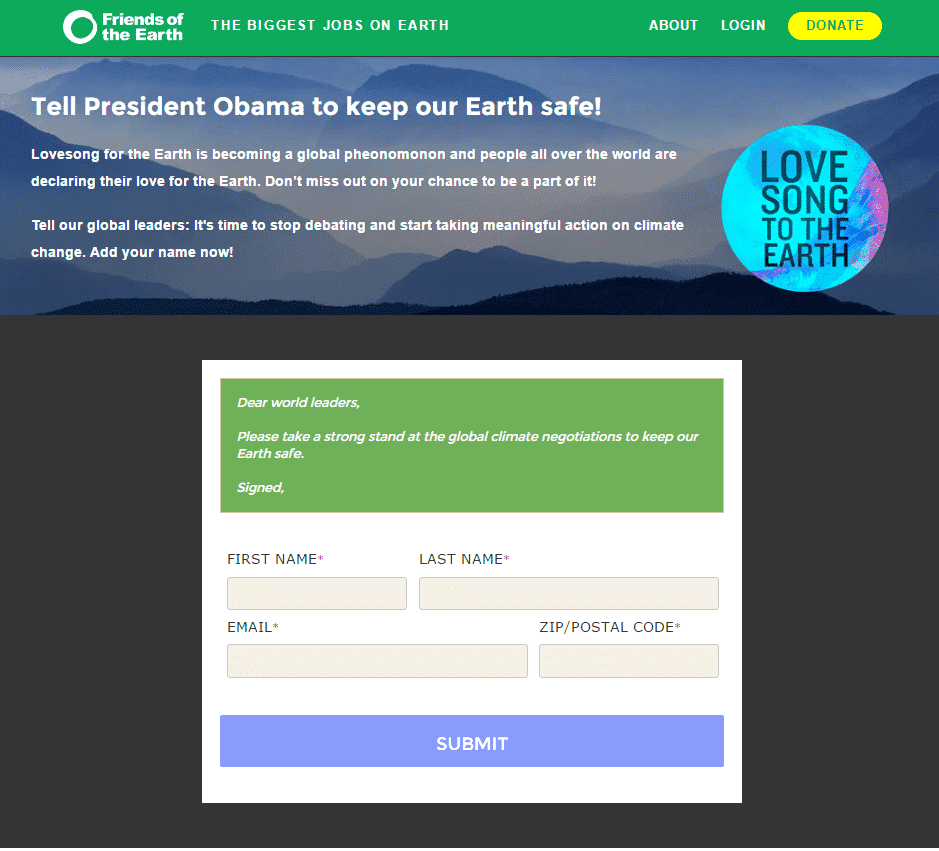 Screenshot of Friends of the Earth Lovesong to the Earth Petition