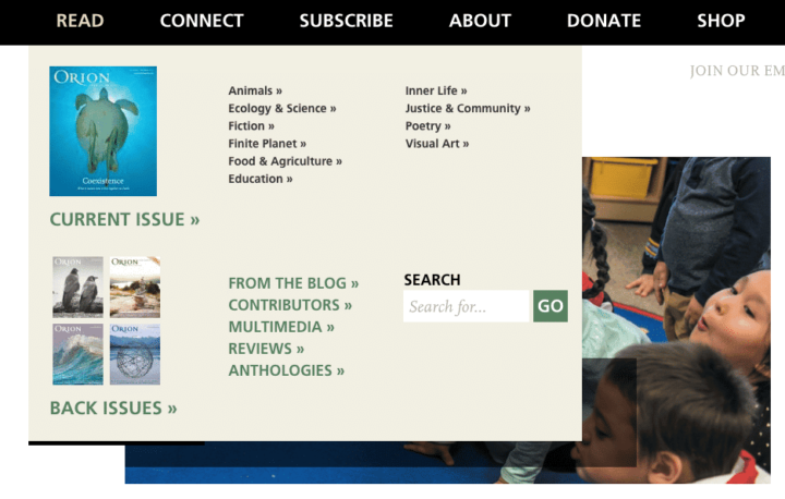 A screenshot of the Orion Magazine mega menu shows how current issue content is dynamically updated with most recent content, following WordPress menu best practices.