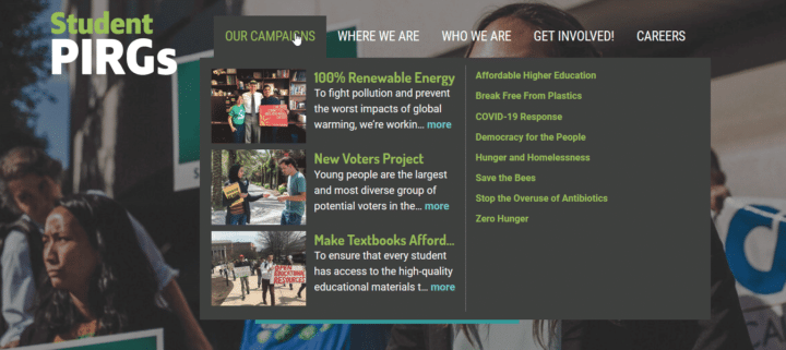 A screenshot of the Student PIRGs campaign menu shows how WordPress menu best practices include featuring high priority actions up top in the mega menu.