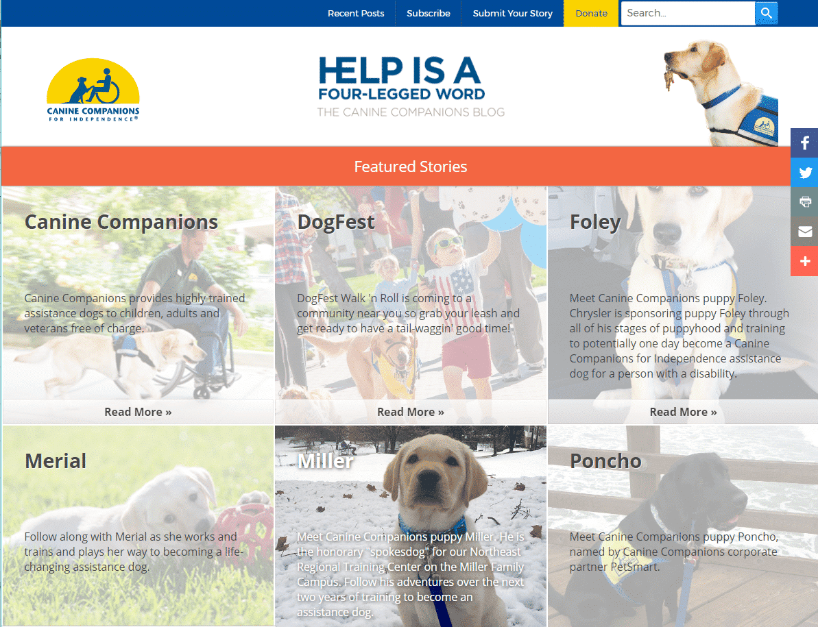 Screenshot of Help is a Four-Legged Word: Canine Companions Dog Blog