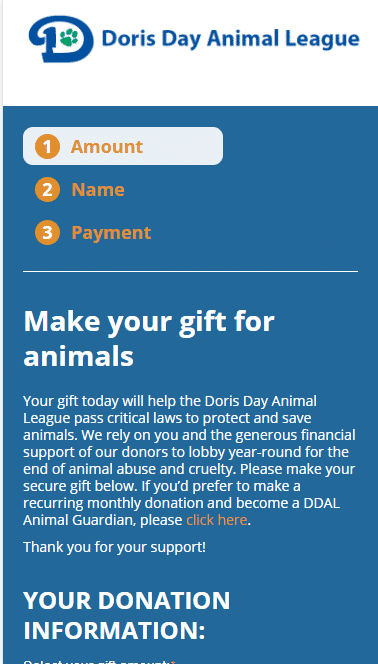 Doris Day Animal League Multistep Donation Form Mobile