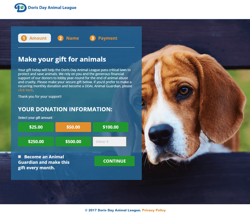 Screenshot of Doris Day Animal League Multistep Donation Form