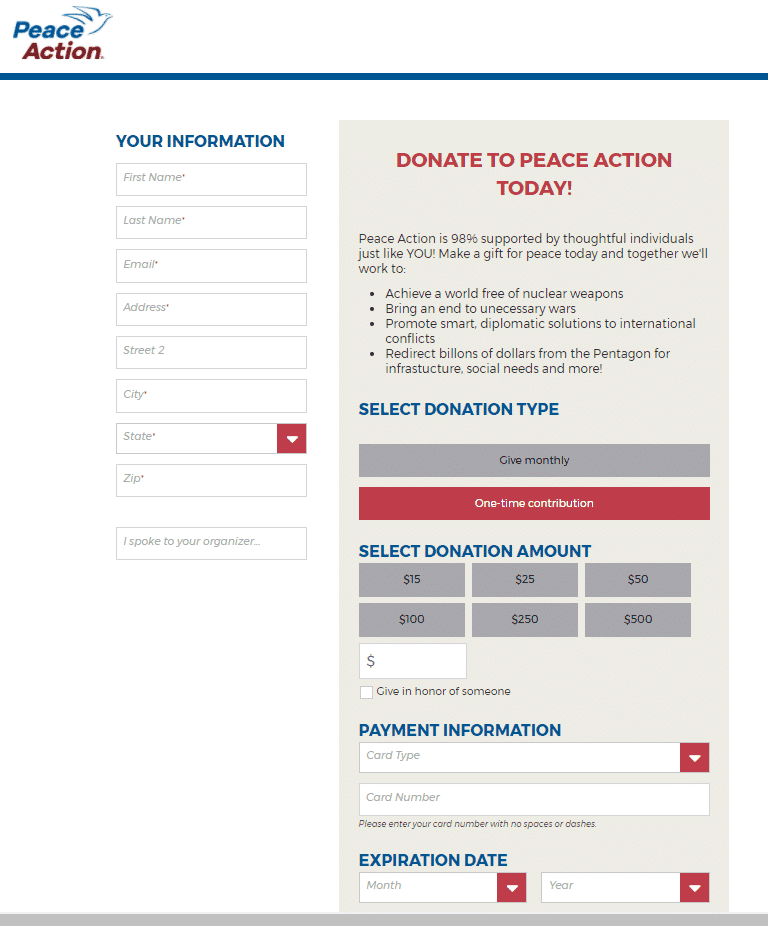 Screenshot of Peace Action Donation Form