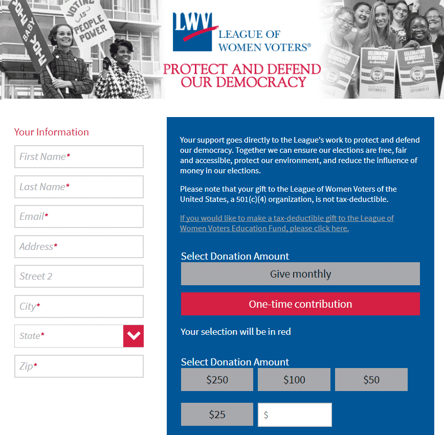 Screenshot of League of Women Voters Donation Form