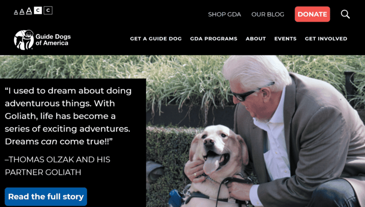 Guide Dogs of America Homepage with Accessibility Controls