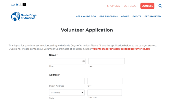 Guide Dogs of America Volunteer Form