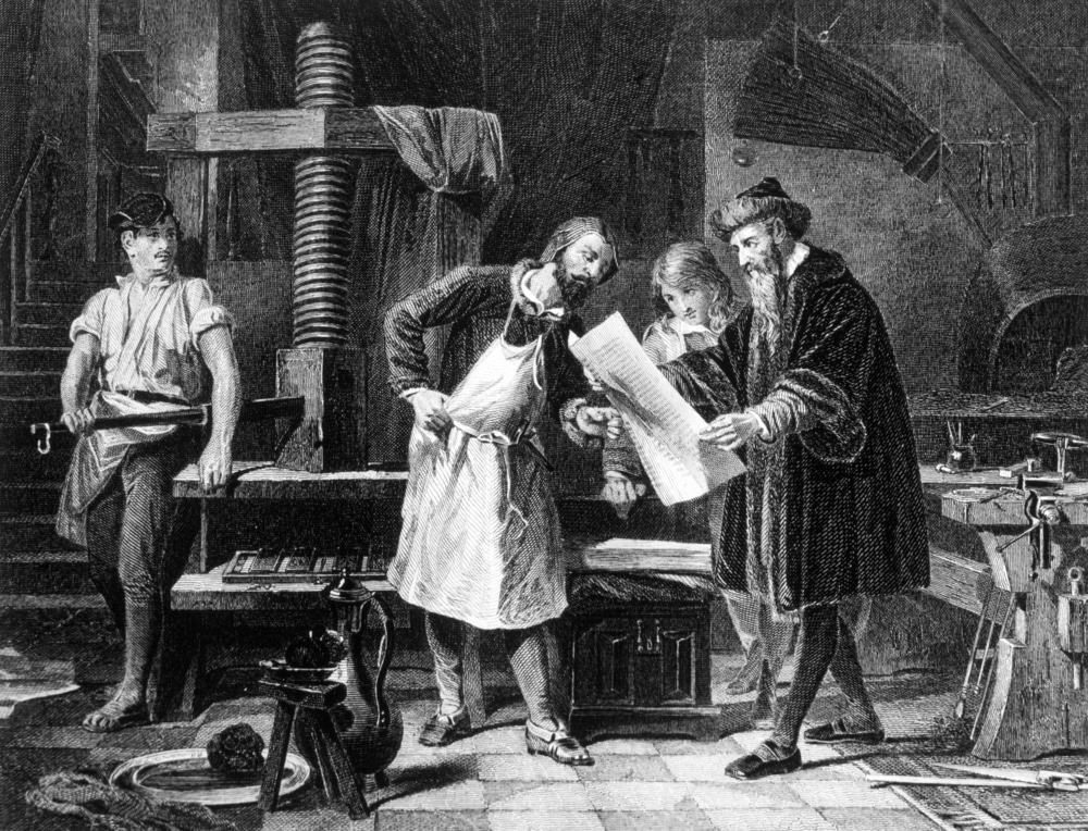 An historical image of men learning how to use Gutenberg's printing press, akin to learning how to use WordPress' new block editor.