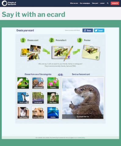 Friends of the Earth's ecard campaign form starts with explaining steps 1, 2, and 3 and provides different category options such as "New Baby" and "Congratulations."