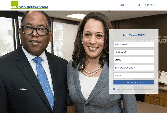 Mark Ridley-Thomas's campaign page can inspire you as you create your own political campaign website. 