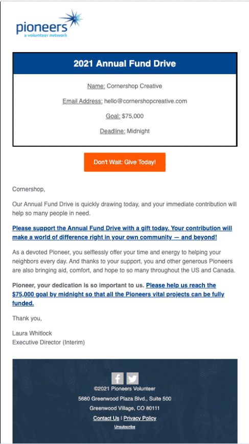 Personalized nonprofit email marketing example.