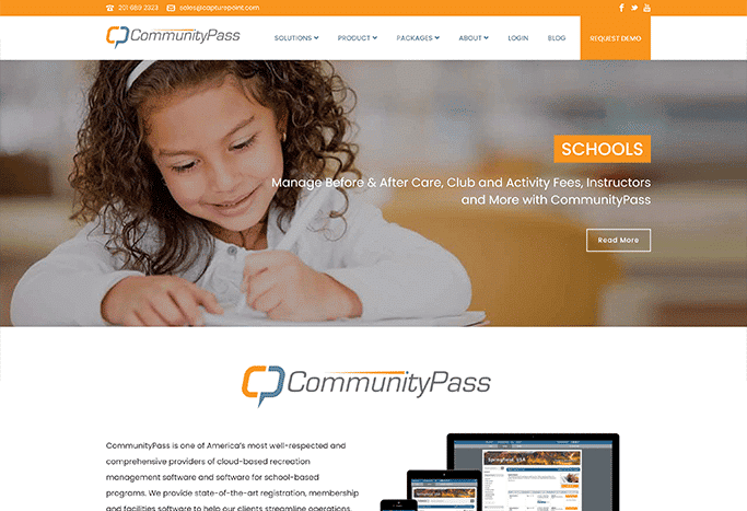 This is a screenshot of the CommunityPass website, which made our list of nonprofit website design agencies because of the features its offers to enhance school and school district websites.