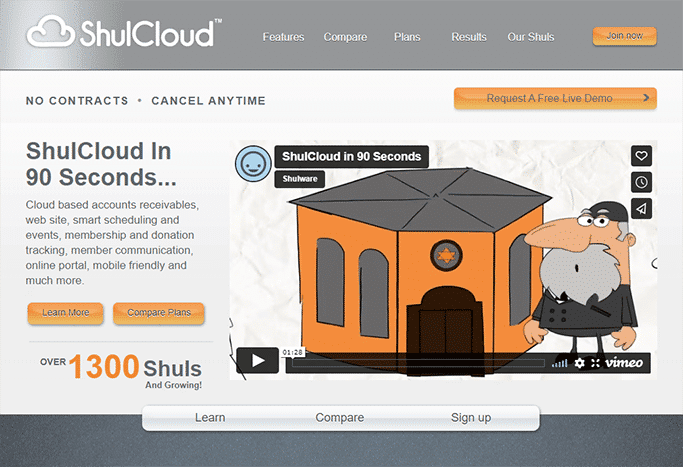 This is a screenshot of the website for ShulCloud, which made our list of nonprofit website design companies because of its services for synagogue websites.