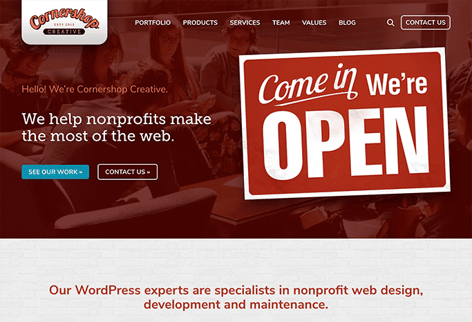 This is a screenshot of the website for Cornershop Creative, the best overall nonprofit web design company.