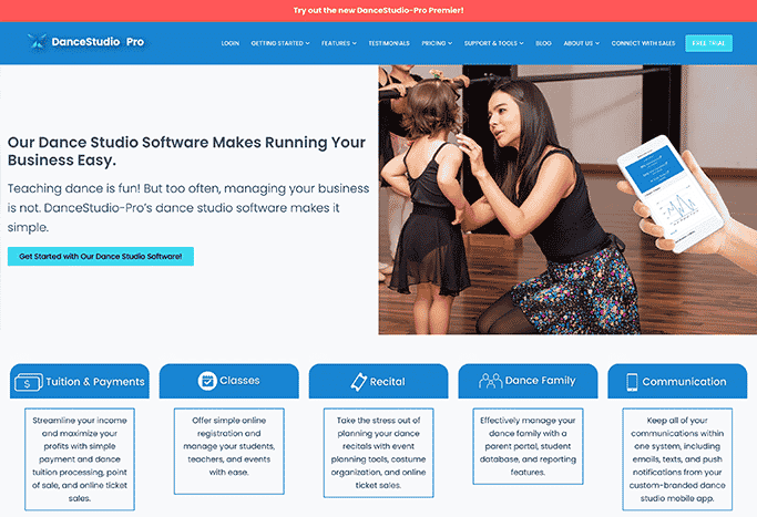 This is a screenshot of the website for DanceStudio-Pro, which made our list of nonprofit website design companies because of the features it offers that can enhance dance studio websites.