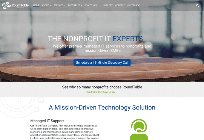 This is a screenshot of RoundTable Technology, which is a nonprofit web design company that provides IT services to its clients.