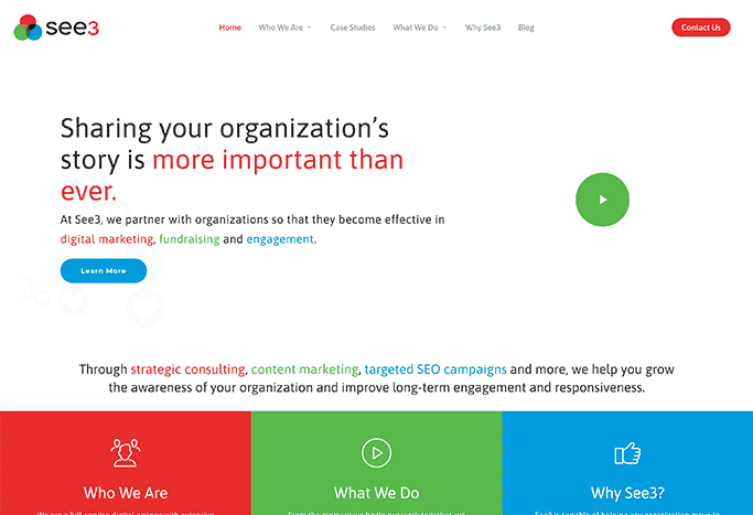 This is a screenshot of the See3 website, which can tell you all about this nonprofit web design company's affordable website video services.