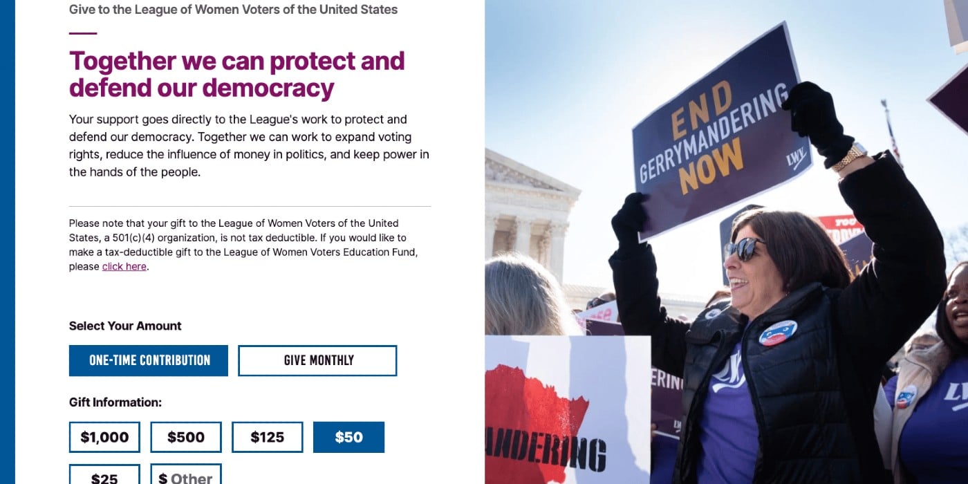 Screenshot of League of Women Voters Ups Its Fundraising Game with Improved Donation Forms