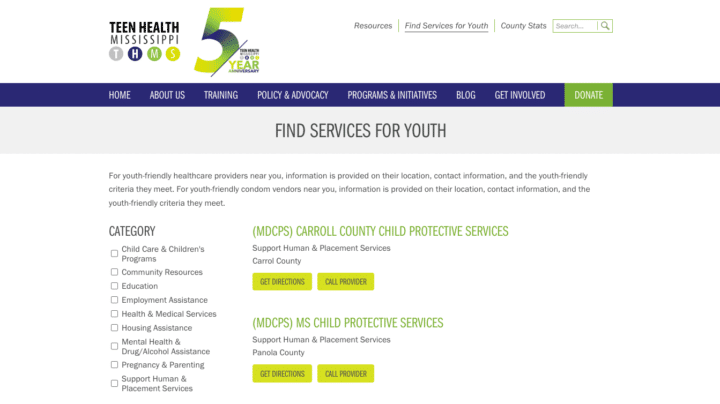 Teen Health Mississippi Healthfinder Tool on Website
