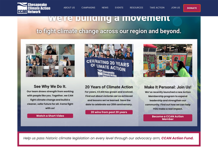 The Chesapeake Climate Action Network website is an example of a site using the design best practice of linking.