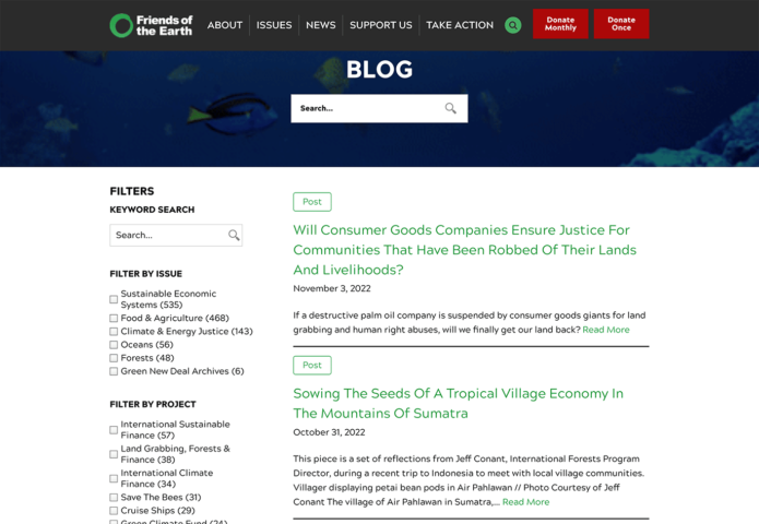 The Friends of the Earth Blog is an example of this nonprofit web design best practice in action.