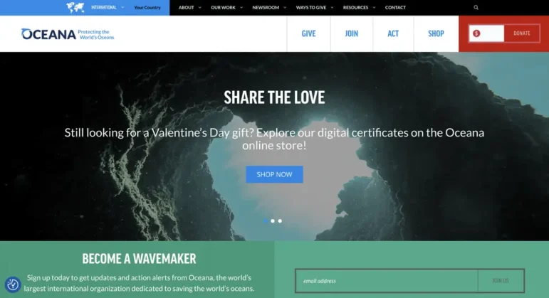 A screenshot of Oceana’s website, which follows the SEO nonprofit best practice of clear navigation. Navigation bar CTAs read “GIVE,” “JOIN,” “ACT,” “SHOP,” and “DONATE.”