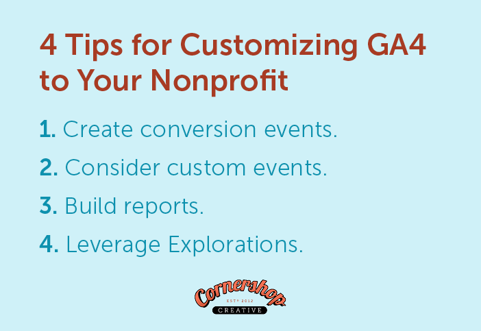 This list-style image covers some tips for customizing GA4 for your nonprofit, all of which are covered in the text below.