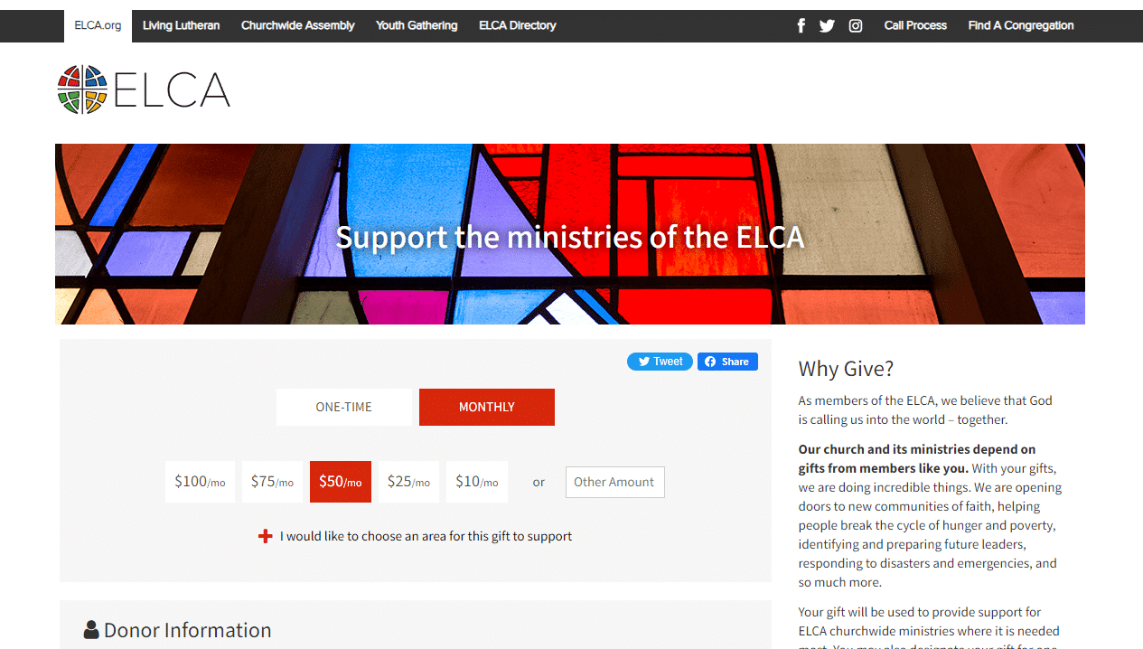 Screenshot of Improved Donation Capabilities for Evangelical Lutheran Church of America