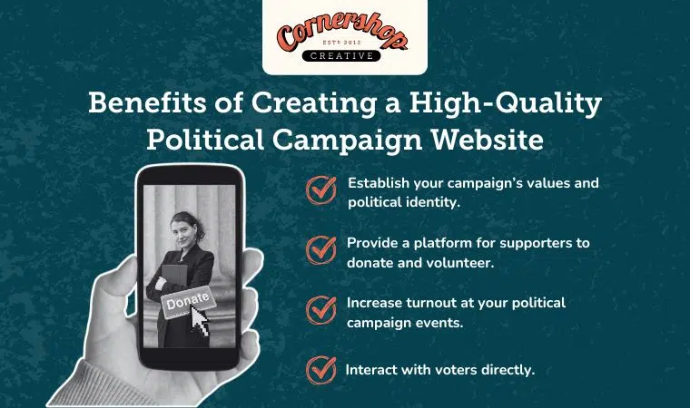 The benefits of designing a high-quality political campaign website, which are also written in the text below.