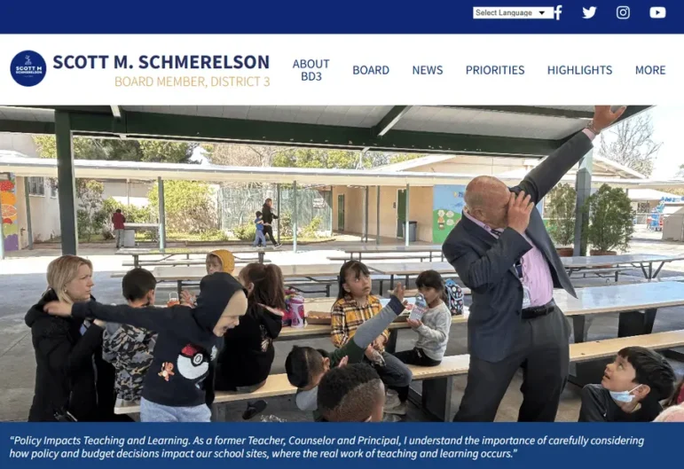 Scott Schmerelson’s website is an inspiring political campaign website example thanks to its clear navigation and integrated social media feeds.