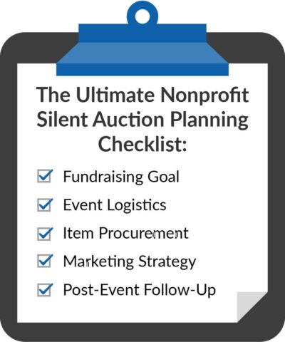 This checklist shows five steps to plan a silent auction: fundraising goal, event logistics, item procurement, marketing, and follow-up.