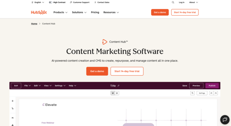 Screenshot of HubSpot's Content Marketing Software page, ideal for nonprofit website builders, showing options to get a demo or start a free trial, with a navigation bar at the top and content creation interface displayed below.