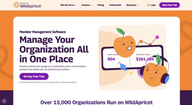 Screenshot of WildApricot’s homepage featuring nonprofit website builders, a header on managing organizations, orange fruit characters, member and revenue stats, and a purple button for a 60-day free trial.