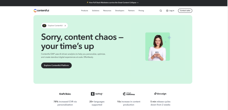 Screenshot of Contentful’s homepage displaying the message “Sorry, content chaos — your time’s up.” A woman stands on the right smiling at her phone. Nonprofit website builders, buttons, and brand logos for content management appear below.
