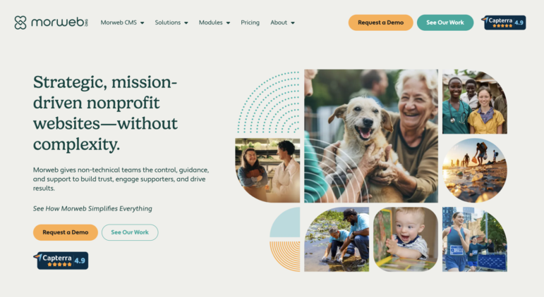 A website homepage for Morweb, a leader in nonprofit website builders, showing the tagline Strategic, mission-driven nonprofit websites—without complexity. Features photos of people volunteering, a dog, a smiling group, and an orange “Request a Demo” button.