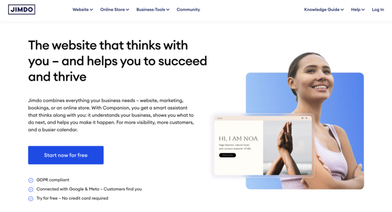 Screenshot of the Jimdo website homepage showing promotional text, a Start for free button, and an image of a smiling woman holding a laptop—perfect inspiration for those seeking easy nonprofit website builders.