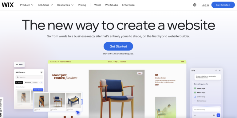 Wix website homepage featuring the tagline The new way to create a website, a Get Started button, and a preview of its editor—ideal for those seeking nonprofit website builders—with an image of a blue chair and editing tools on the left.