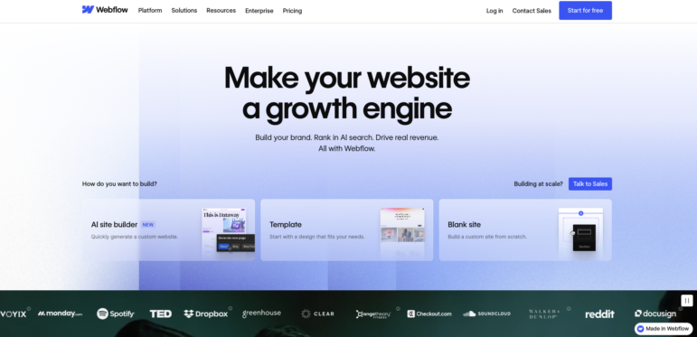 Screenshot of the Webflow homepage showing the tagline Make your website a growth engine, with options below to start building—including tools ideal for nonprofit website builders—using AI, a template, or a blank site. Navigation and company logos appear at top and bottom.