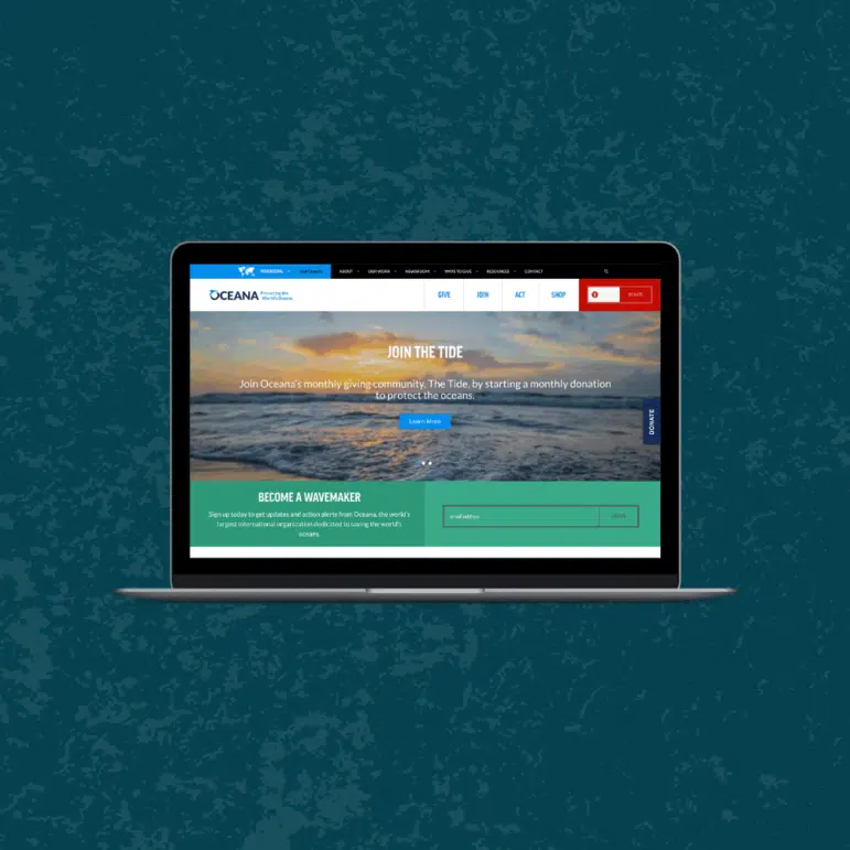 Oceana website on laptop screen on top of dark teal retro background