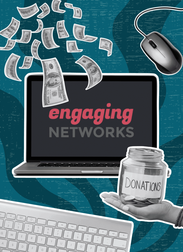 Engaging Networking on a computer screen surrounded by money and donations