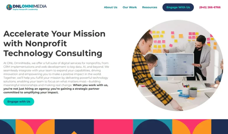 A screenshot of the website for DNL OmniMedia, a nonprofit web design agency that specializes in Blackbaud implementation.
