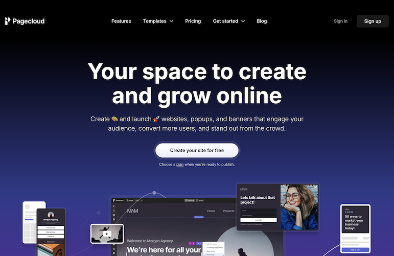 Screenshot of the Pagecloud homepage featuring a headline that reads, “Your space to create and grow online,” with a gradient background and digital devices displaying website templates—ideal for those seeking nonprofit website builders. Main menu and sign-in button at the top.