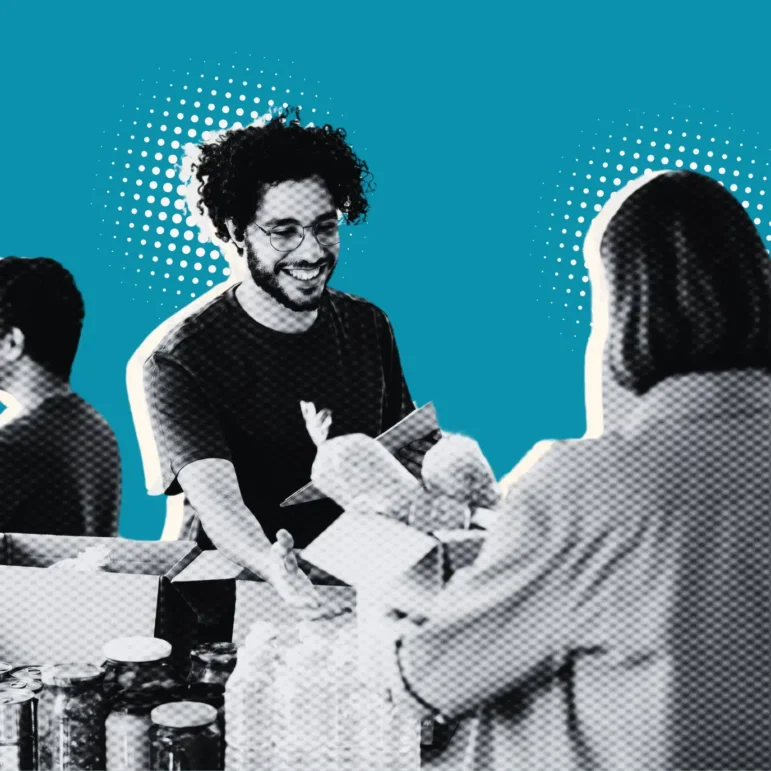 Cut out style image of a man handing a woman a bag of food