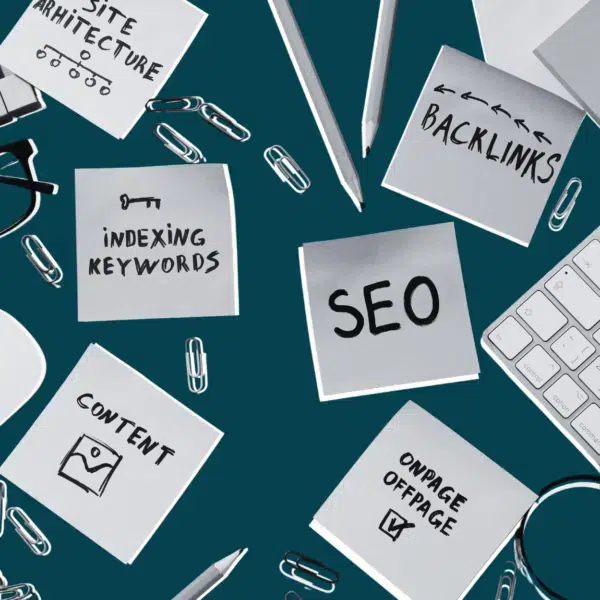 Sticky notes with words related to nonprofit SEO written on them