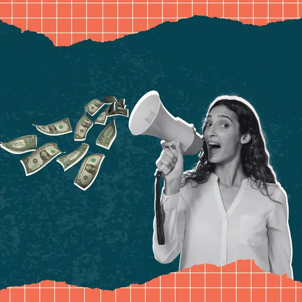 A woman holding a megaphone with dollar bills coming out of it, representing saved time and resources.