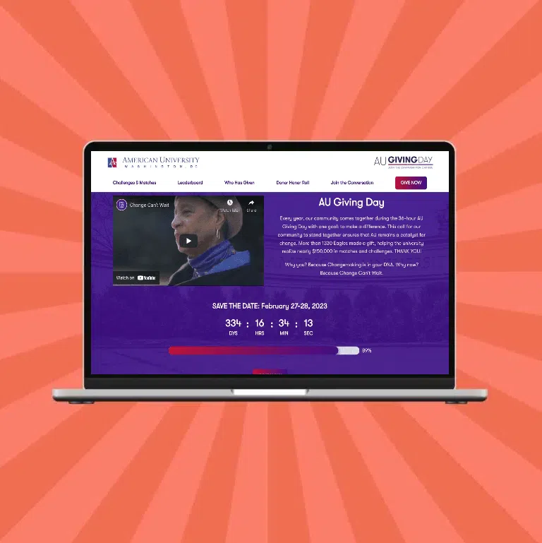 A laptop with the American University Giving Day web page—highlighting digital marketing for educational organizations