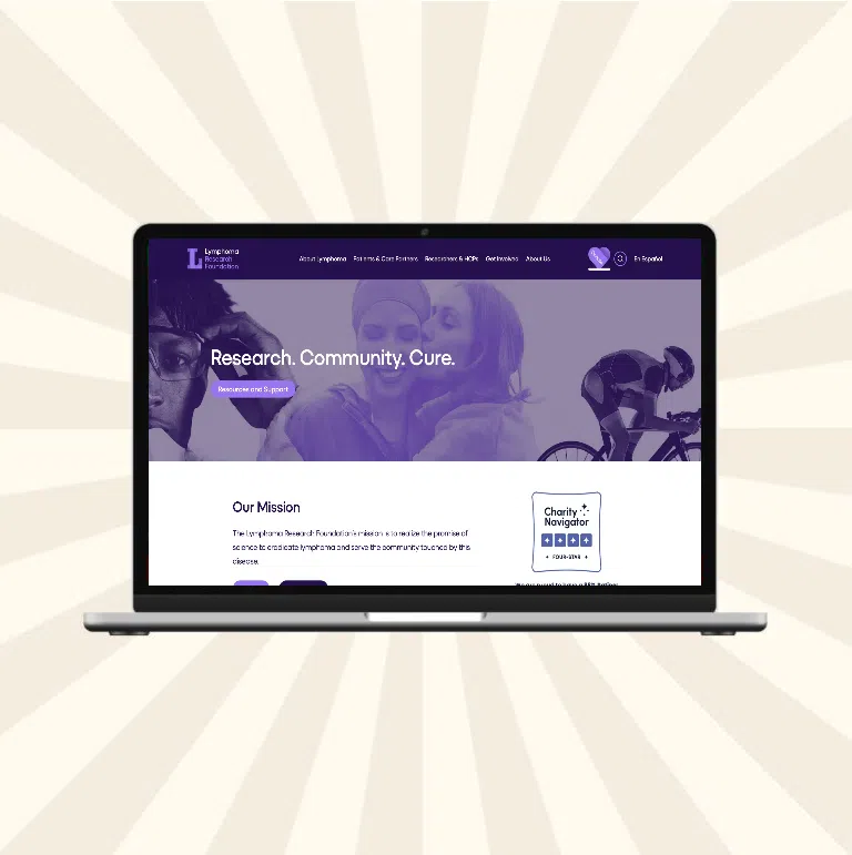 A laptop displays the homepage for the Lymphoma Research Foundation, an health service organization that uses our digital marketing services.