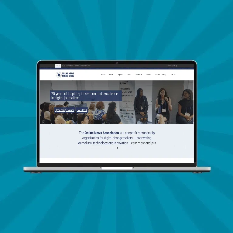 A laptop displays the Online News Association website homepage, featuring a banner about 25 years of innovation in digital journalism and a panel discussion photo—highlighting expertise in digital marketing for associations—set against a blue radial background.